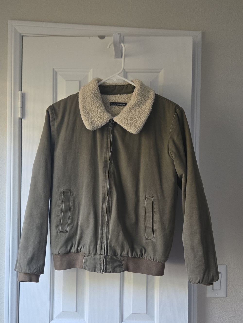 Brandy Melville Olive Green Bomber Jacket with Cream Sherpa Collar & Lining